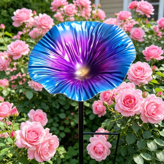 Metal Flower Bird Bath, Decorative Garden Bird Bath Feeder, Outdoor Wild Bird Feeder with 2-Prong Base for Garden Backyard Decor