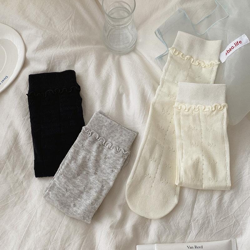 

Female Summer Thin Pure Color Mesh Breathable Boneless Double Mouth Sweet Lace In The Tube Pile Socks 1 pair