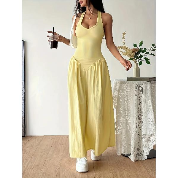 Women Yellow Halter Neck Maxi Dress Sleeveless V-Neck Backless A-Line Long Dress Casual Summer Elegant Beach Party Dresses