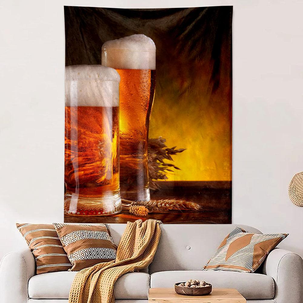 "Golden Beer with Wheat and Foam" Patterned tapestry home decor, suitable for bedroom and living room, gift