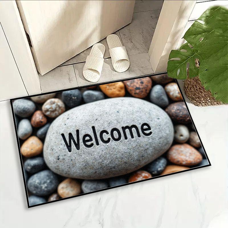 Sommer-Eingangstür heißt Sie willkommen. 3D Kiesel Teppich, Badezimmer Wasserabsorbierender und Rutschfester Teppich, Heimdekoration