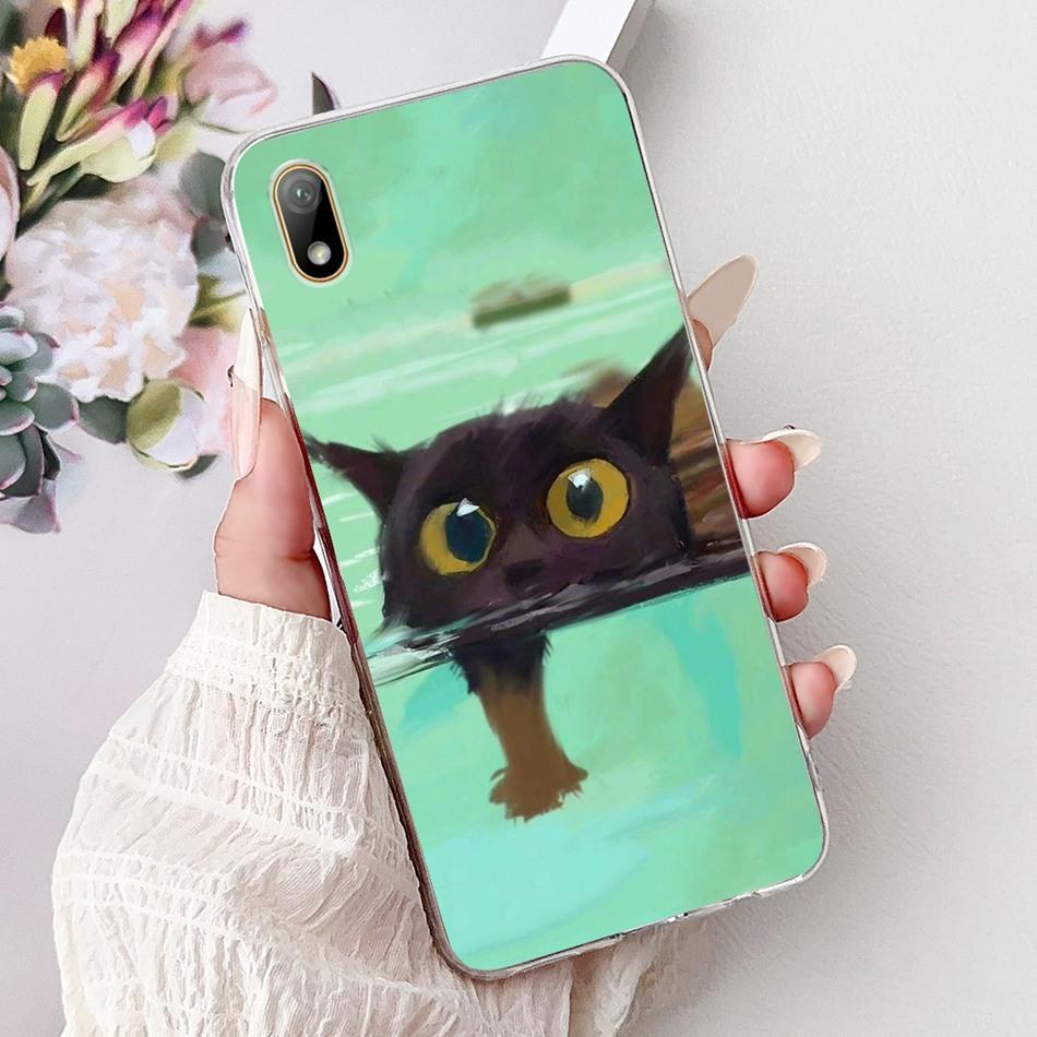 For Huawei Y5 (2019) Phone Case Y5 2019 AMN-LX9 Elegant Floral Cat Painted Soft Silicone Transparent TPU Cases
