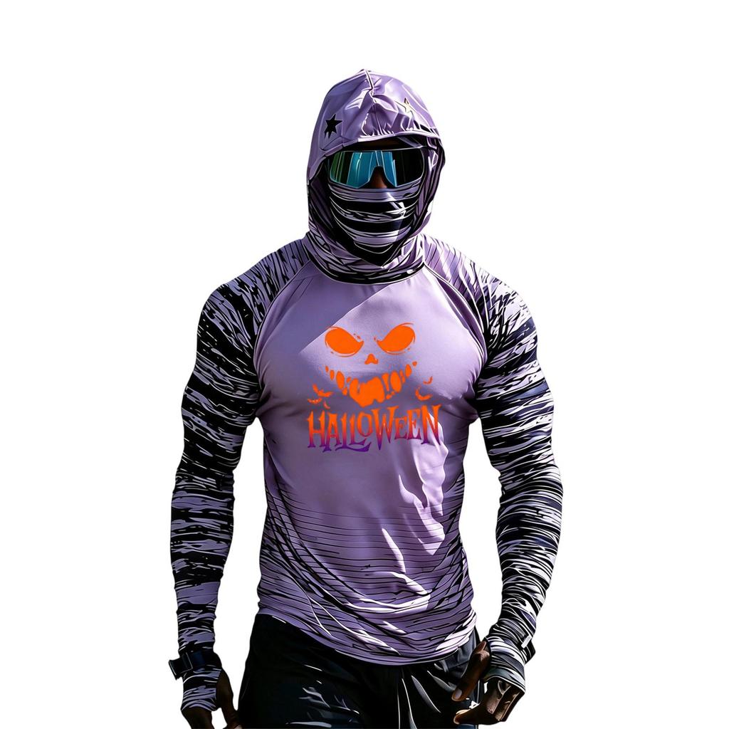 Men's Casual Raglan Color-Block Hooded Long Sleeve Sun T-Shirt with Halloween Print (Sunglasses Not Included)