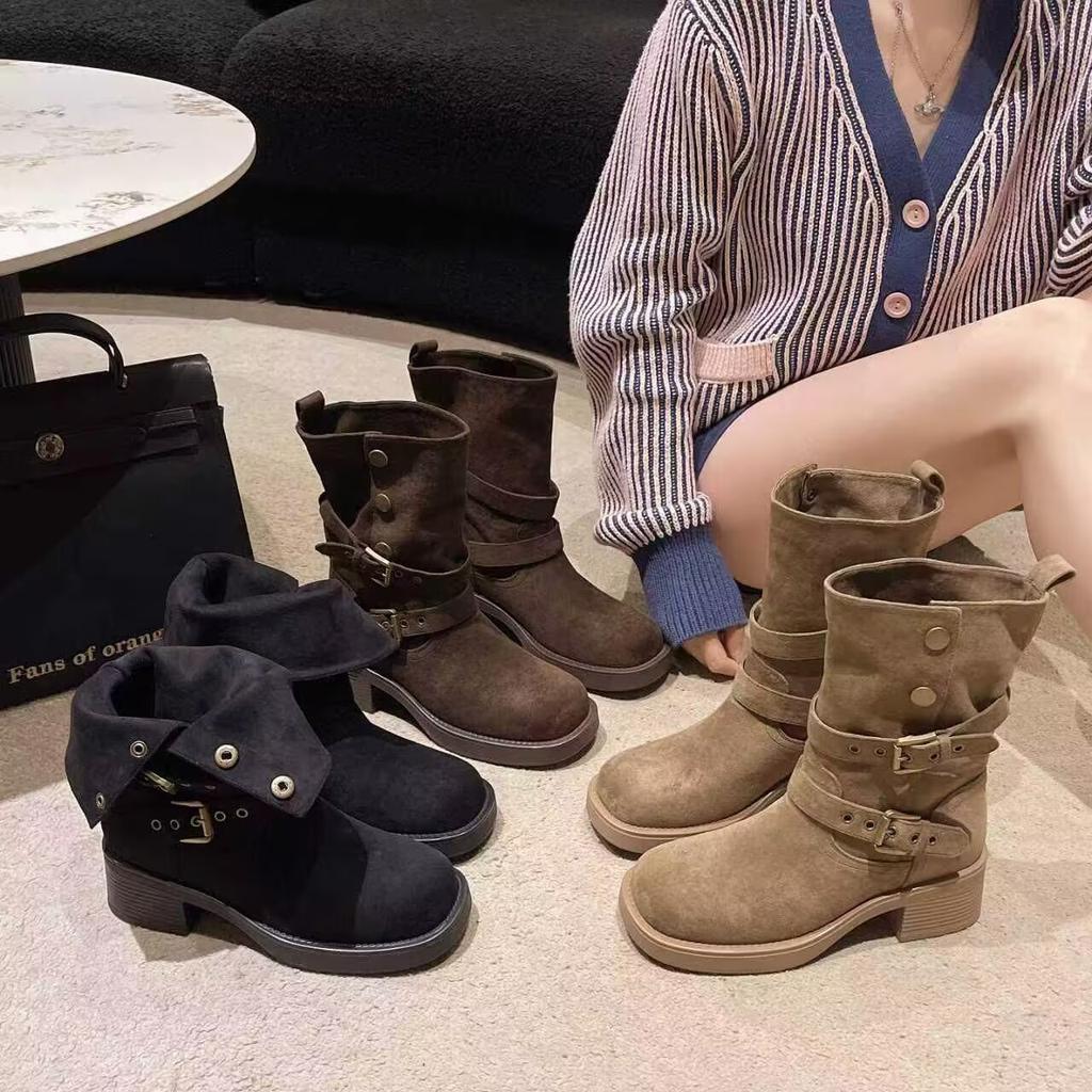 Maillard Retro Thick Heel Martin Boots Women's 2025 Autumn and Winter New High and Thin Belt Buckle Western Cowboy Short Boots