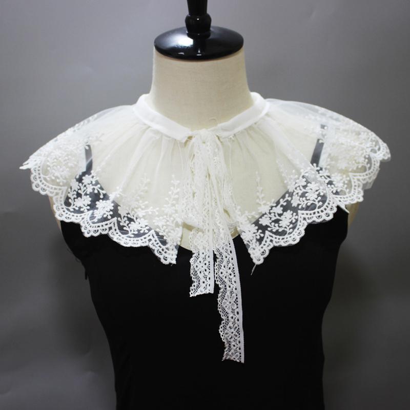 Decorative Embroidery Neckline Double-Layer Fake Collar Shawl Accessories Elegant Ruffle Scarf Lace Up Detachable Capelet