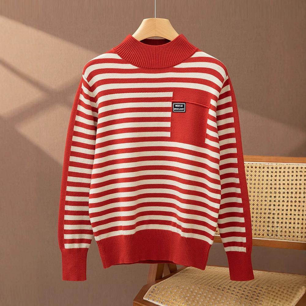 2025 Women’s Korean Style Striped Half High Neck Knitted Pullover Sweater