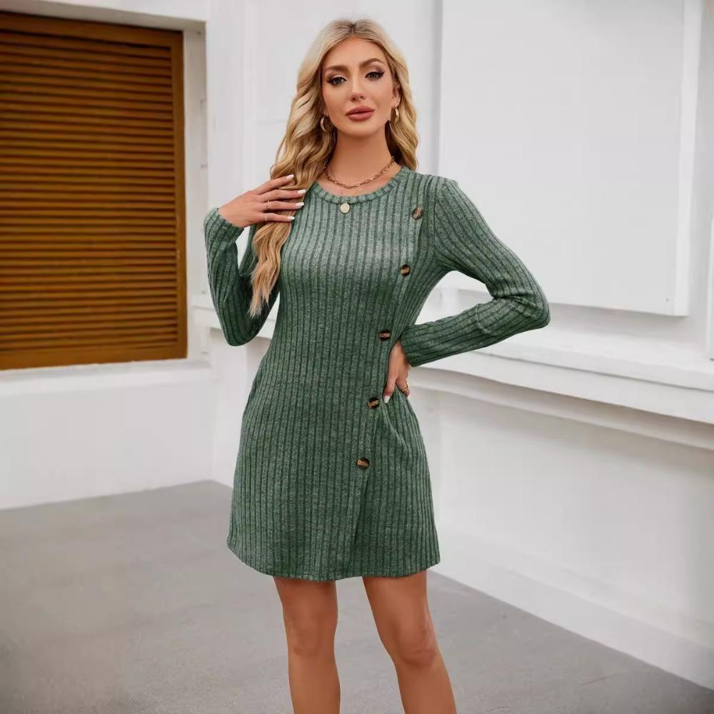 Women's Round Neck Side Button Pocket Long Sleeved Waist Tied Dress