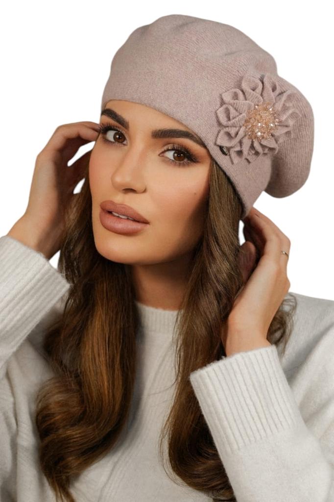 Women' Winter Wool Beret with Flower, Pink - Peony