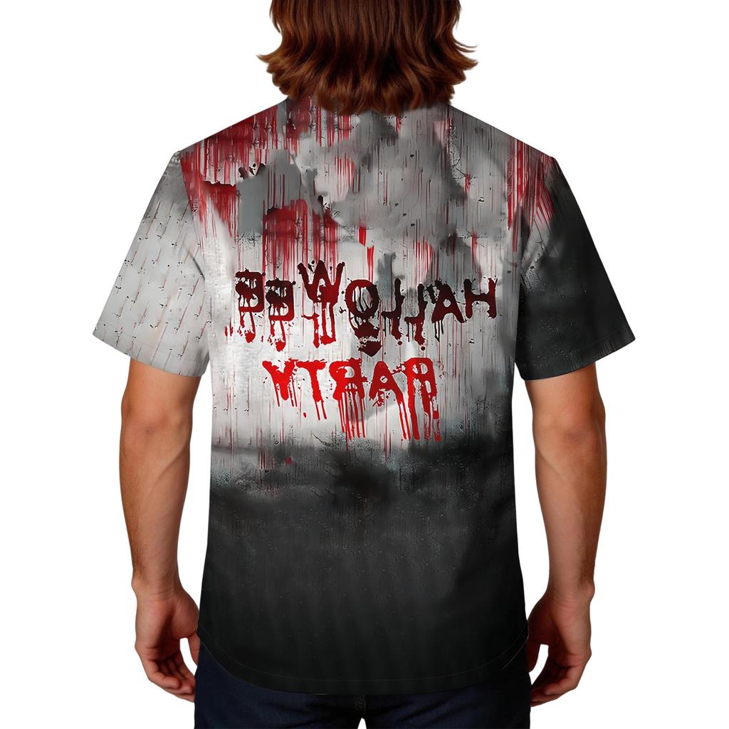 Men's Halloween Print Scrub Top - V-Neck Short Sleeve with Pocket Uniform Work Shirt