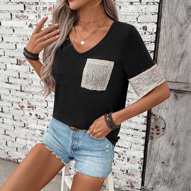 Women's Summer New Casual Black and White Contrast Sequin Short Sleeved Top