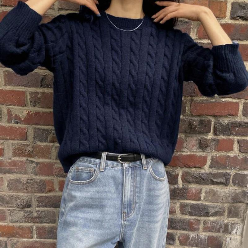 Womens Chunky Cable Knit Sweater Loose Fit Round Neck Long Sleeve Fall Winter Casual Top