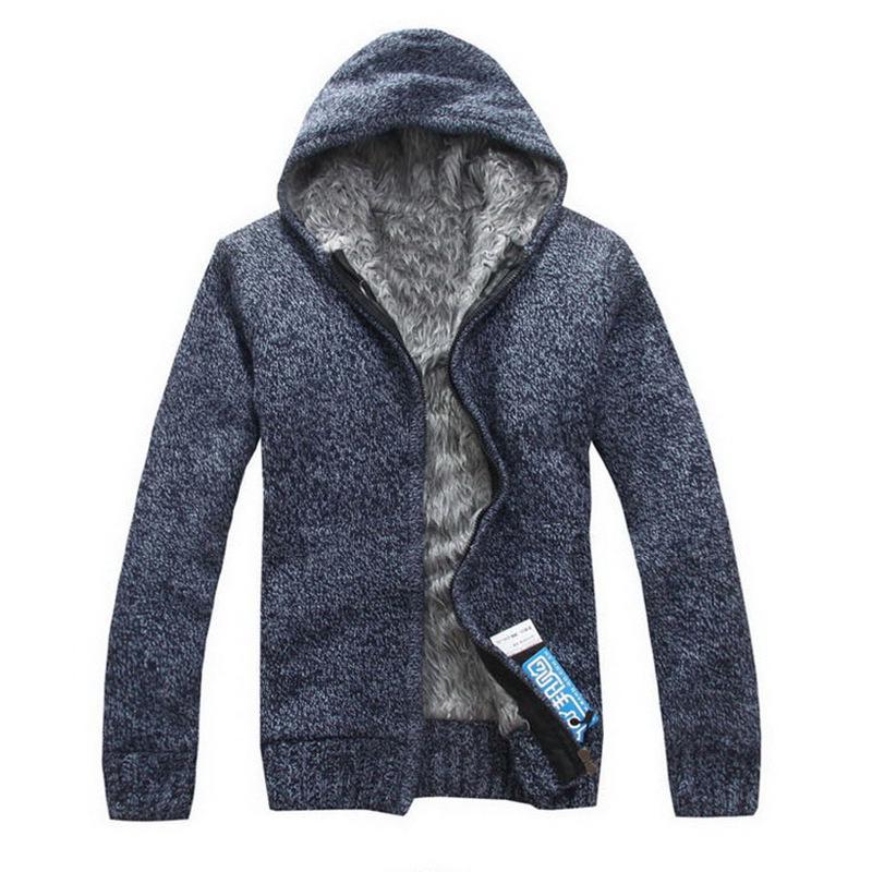 Men's Plus Size Hooded Zipper Knit Fleece Cardigan - European & American Style Sweater Coat Outerwear