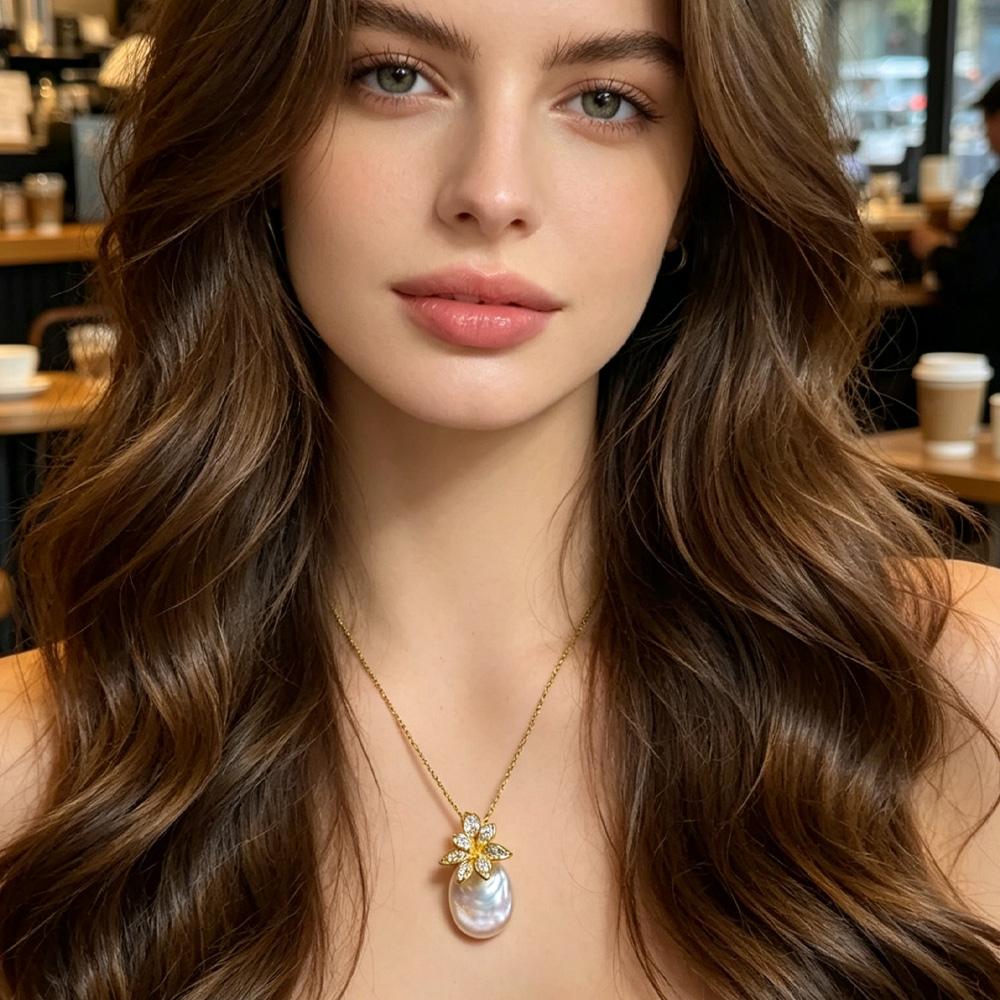SENIKO Natural Freshwater Big Baroque Pearl Necklaces For Women Fashion Flower Cubic Zirconia Pendant With Chain Birhday Gift