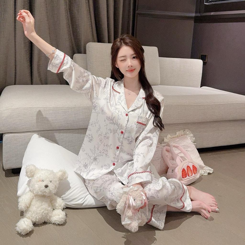Fashion light luxury ice silk pajamas women's spring and autumn new thin long-sleeved trousers lapel national style printed loungewear