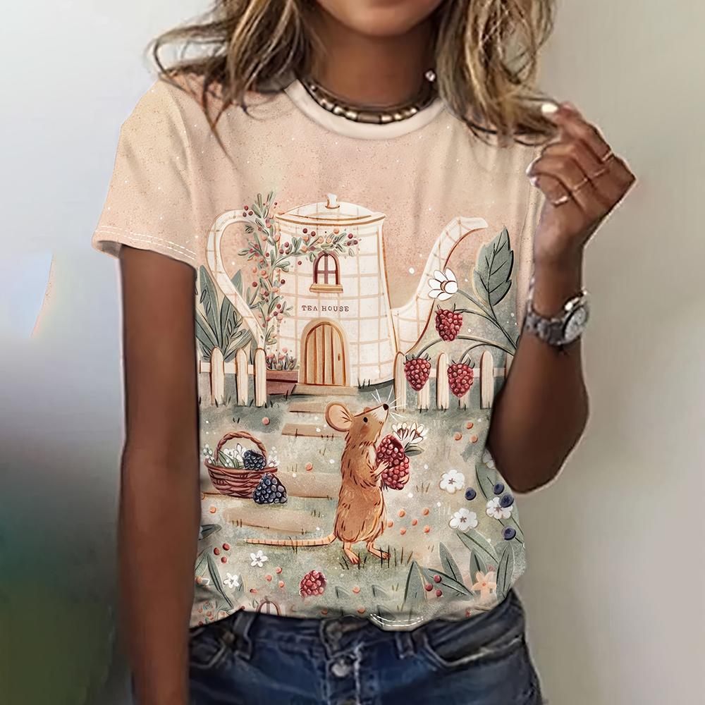 Summer Women T-Shirts Short Sleeved Art Vintage Print T Shirts Fashion Women's T-Shirts Oversized Retro Top Female Clothing