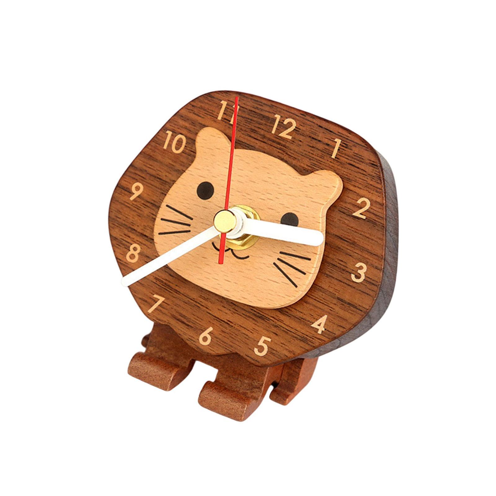 

Миниатюрные деревянные настольные часы с мультяшным животным узором, часы из дерева с бесшумным механизмом для украшения дома или офиса