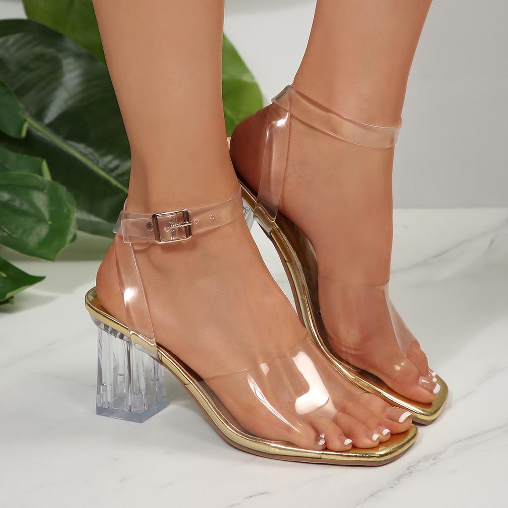 Women Sandals Summer  Plus Size Elegant Pumps 2025 Ankle Strap Crystal Sandals Woman Transparent High Heels Shoes Women