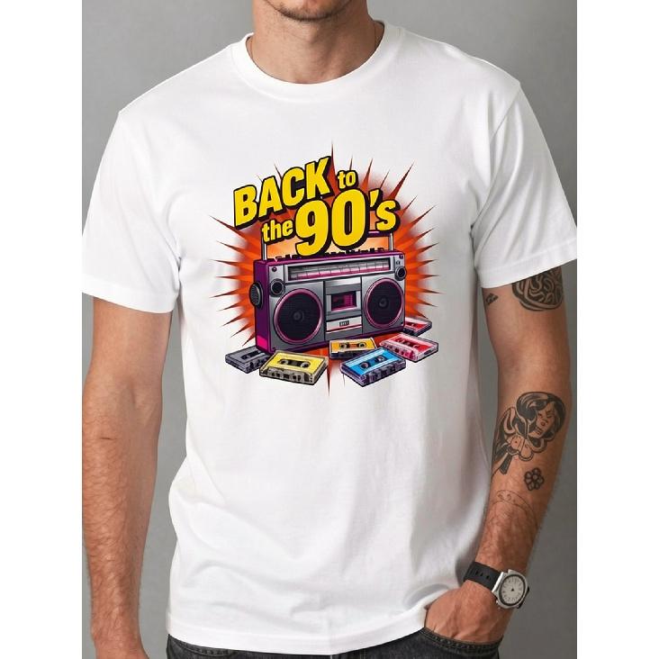 Men'S Vintage 90S Retro Boombox & Cassette Tape T-Shirt - Lightweight Crew Neck Short Sleeve Tee With Boombox & Cassette Design, Suitable For 90S