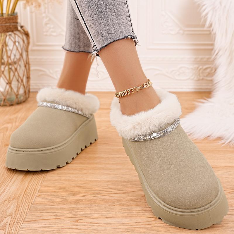 Fashion Crystal Strap Fur Ankle Boots Women Warm Short Plush Platform Snow Boots Woman Comfort Non Slip Thick Sole Cotton Shoes