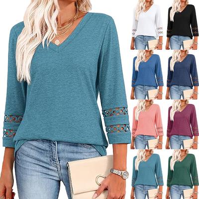 2026 Spring/Summer New Solid Color V-Neck Lace Trim Three-Quarter Sleeve T-Shirt Top for Women