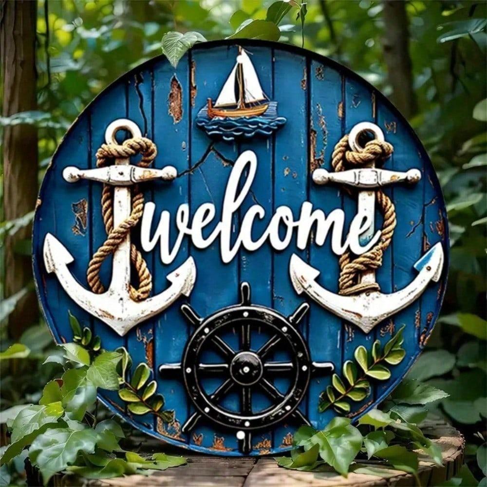 Vintage Nautical Metal Wall Art, 7.8" Round Ship Anchor Sailboat Sign, Coastal Home Decor