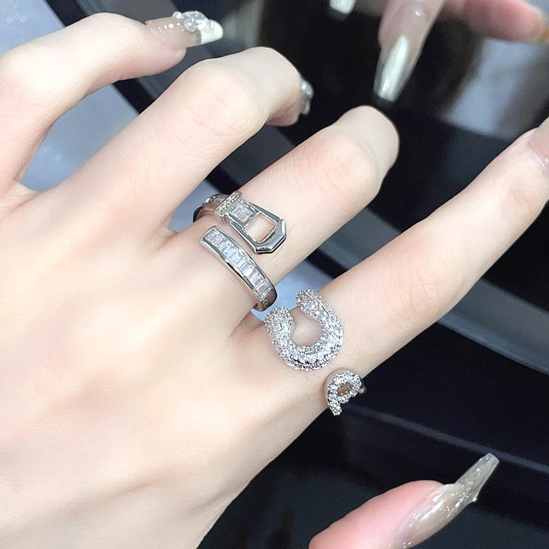 Women'S Daily Diamond Zircon Belt Buckle Ring Light Luxury Niche Design Pin Advanced Sense Opening Adjustable Ring