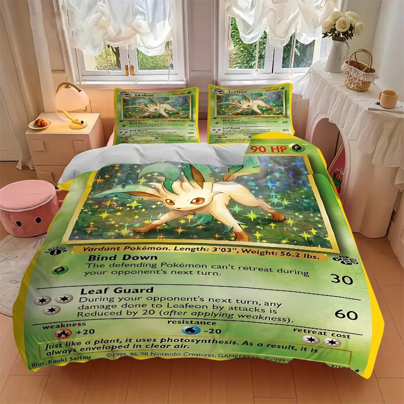 Leafon Pokemon Card Print 3Pcs Bedding Set,Duvet Cover with 2 Bedro,Pillowcase Home Birthday Gift