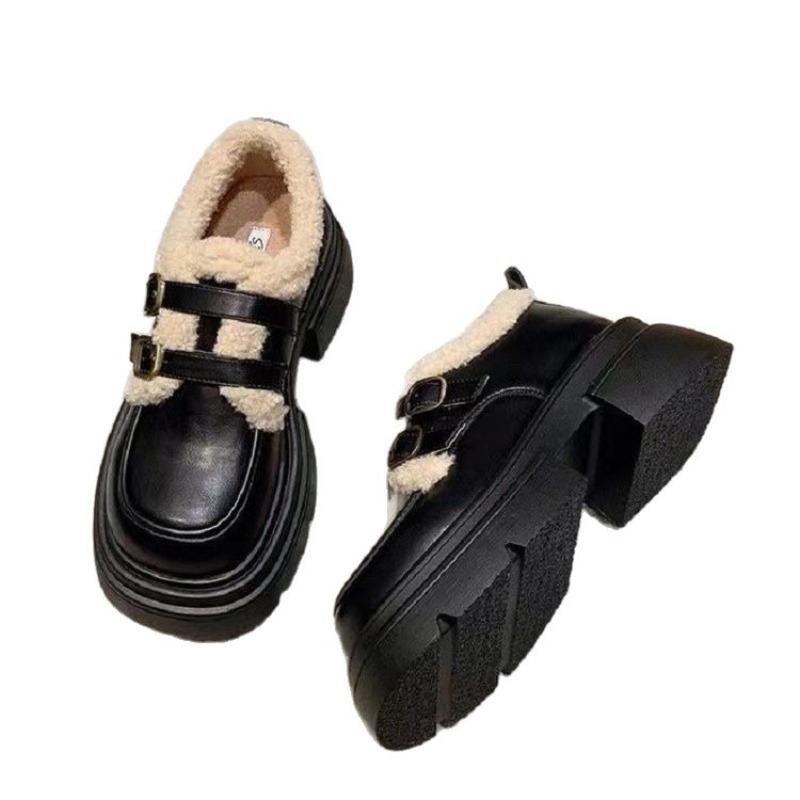 Brown velvet small leather shoes women's winter new retro soft leather versatile women's shoes