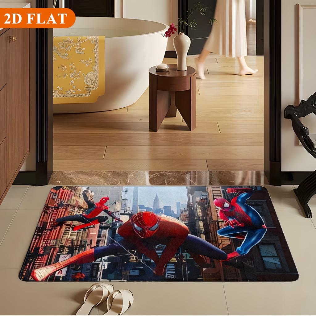 Bath Mat 1pc, Spider for Man Team Up, MARVEL Flannel Rectangular Mat, Bathroom Non-slip Entrance Mat, Fun Door Decoration Mat,