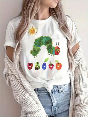 Damen atmungsaktives T-Shirt mit Frucht- und Insektendruck - Lässiges Rundhals-Kurzarm-Oberteil aus dehnbarem Stoff
