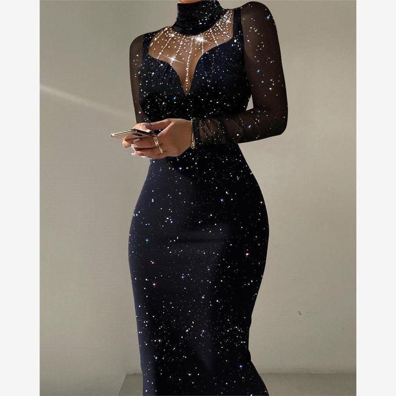 Mesh Patchwork Hot Drilling Dress Rhinestone Contrast Mesh Bodycon Dress