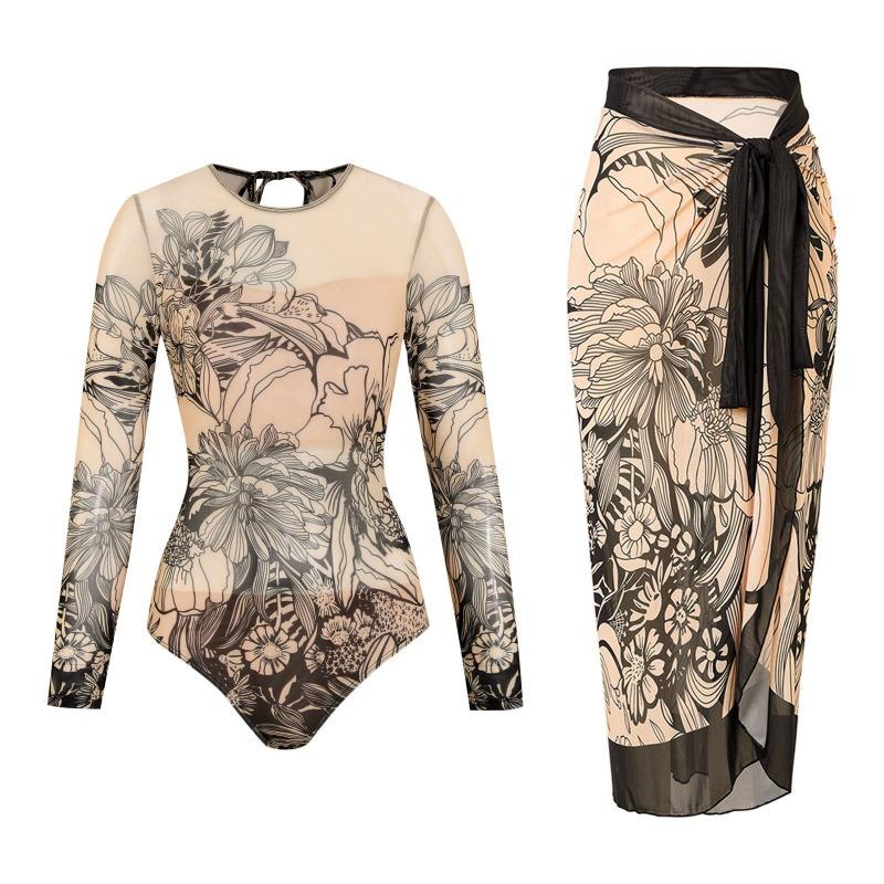 Sunscreen Swimsuit Women's Onesie Swimsuit Long-sleeved Sports Surf Suit Beach Skirt Blouse Quick-drying High-elastic