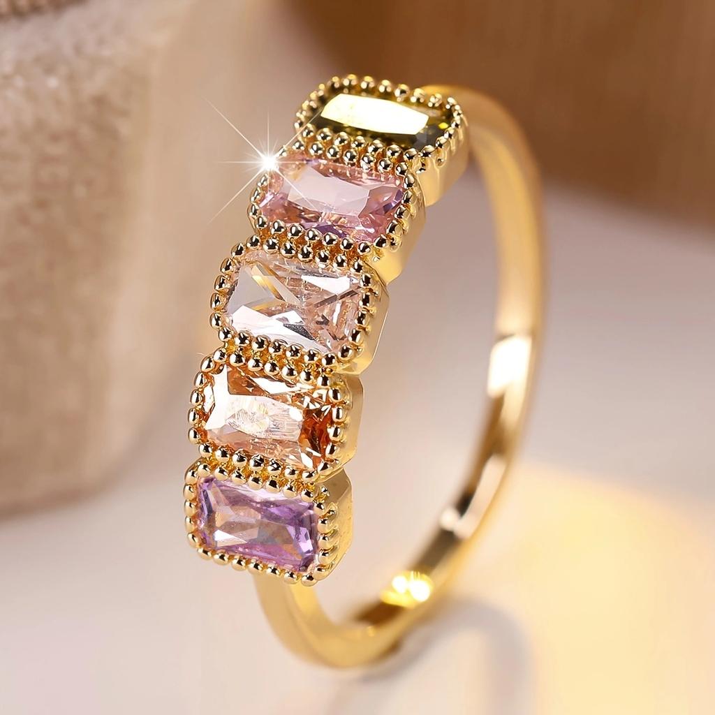 Luxury Multicolor Rectangle Zircon Open Ring for Women Elegant Daily Party Finger Jewelry