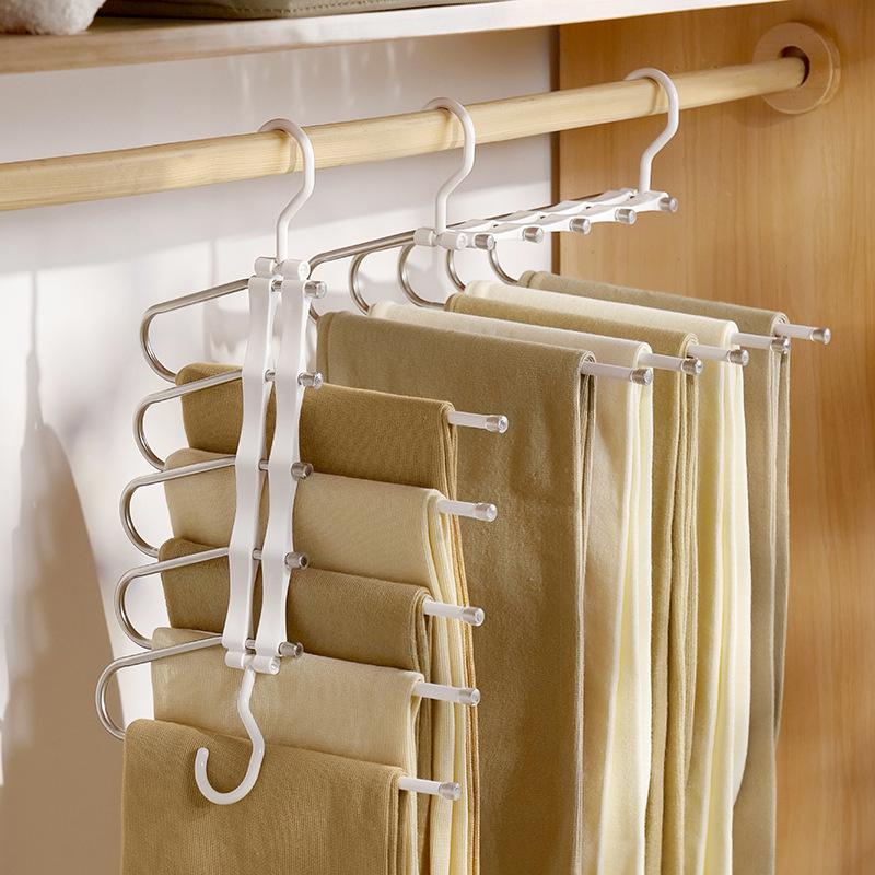 Foldable Multifunctional Clothes Pants Hanger Adjustable Multi-Layer Space Saving Storage Organizer Closet Pantry Shelf Bread