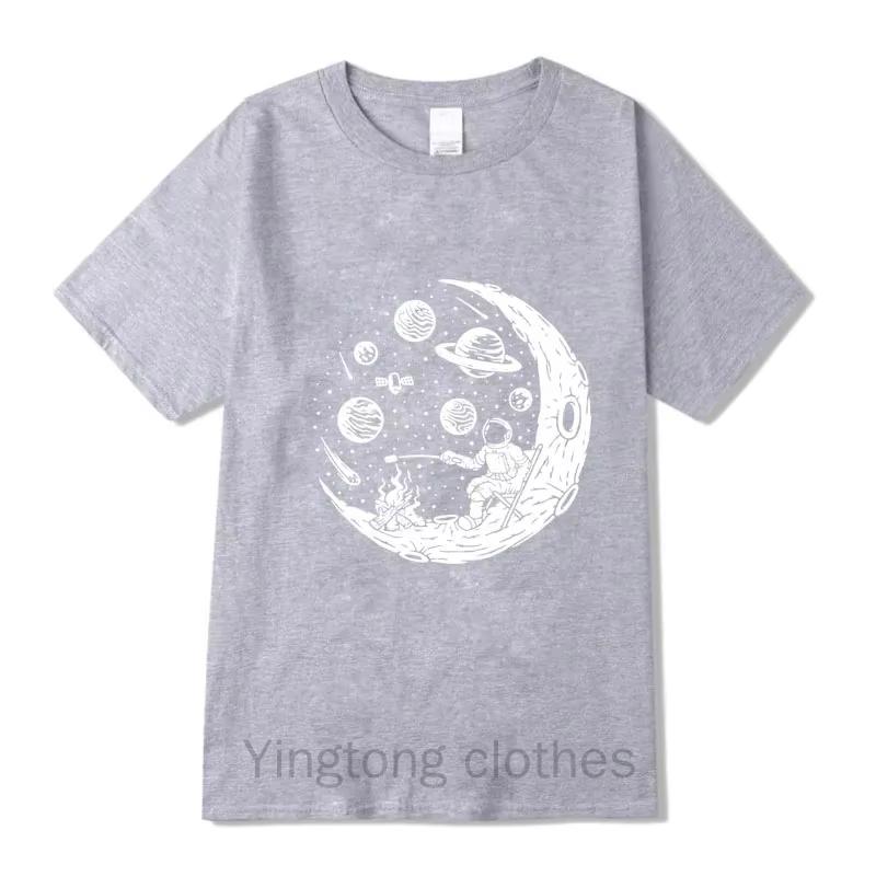 Men's T-shirt High Quality Cotton Blend Funny Astronaut Moon Barbecue Print Casual Loose Cool Men O-neck T-shirt Tee Tops
