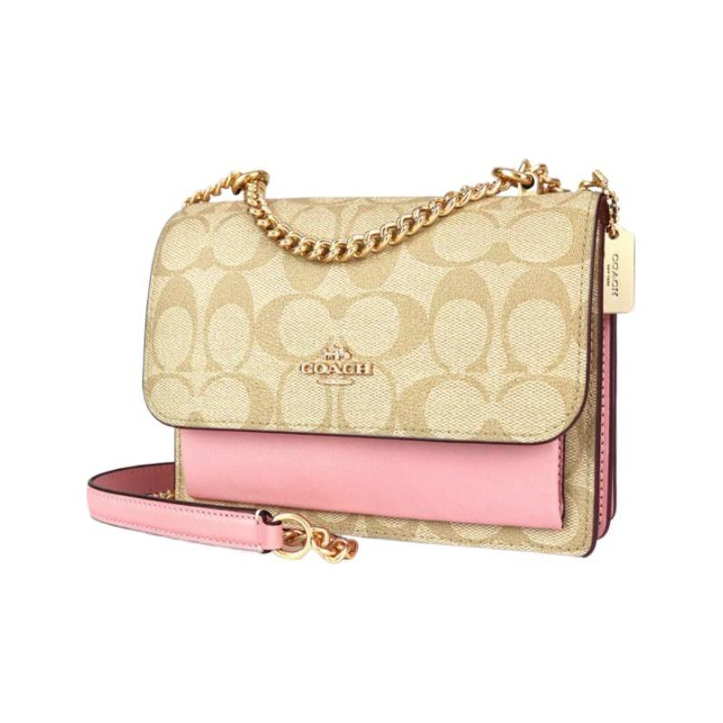 COACH Klare 18 Classic Presbyopia Buckle Closure Coated Canvas and Leather Shoulder Crossbody Bag Small Women's Khaki and Pink