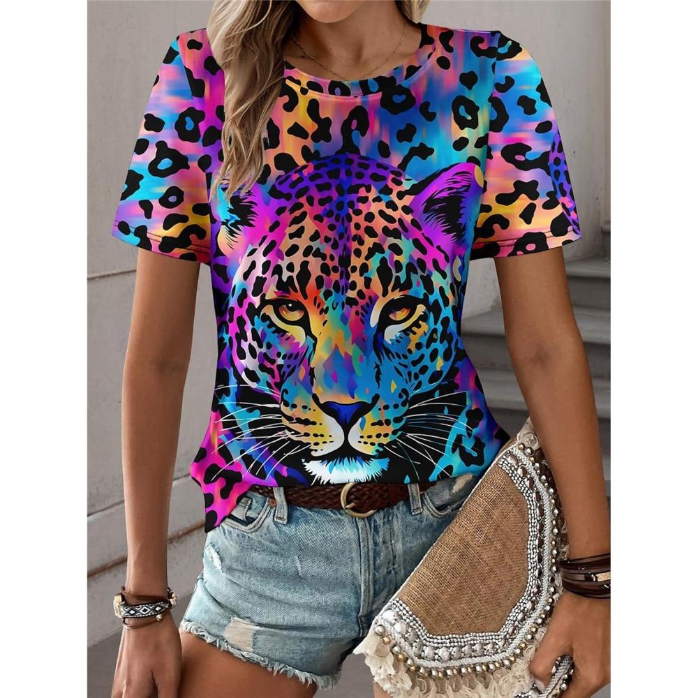 Summer Women's T Shirt 3d Print Colorful Leopard Graphics Tees Casual Short Sleeve Tops Fashion O-Neck T Shirt for Women