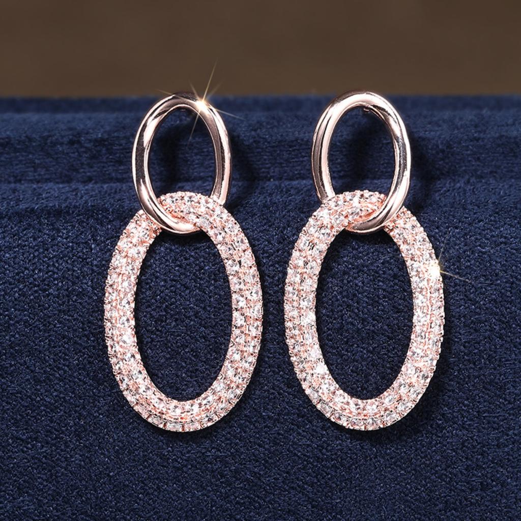Rose Gold Tone Interlocking Oval Drop Earrings for Women Sparkly Pave Geometric Statement Earrings Elegant Daily Party Jewelry