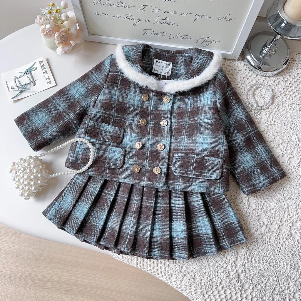 Girls' Preppy Winter Coat & Pleated Skirt Set - AWB003