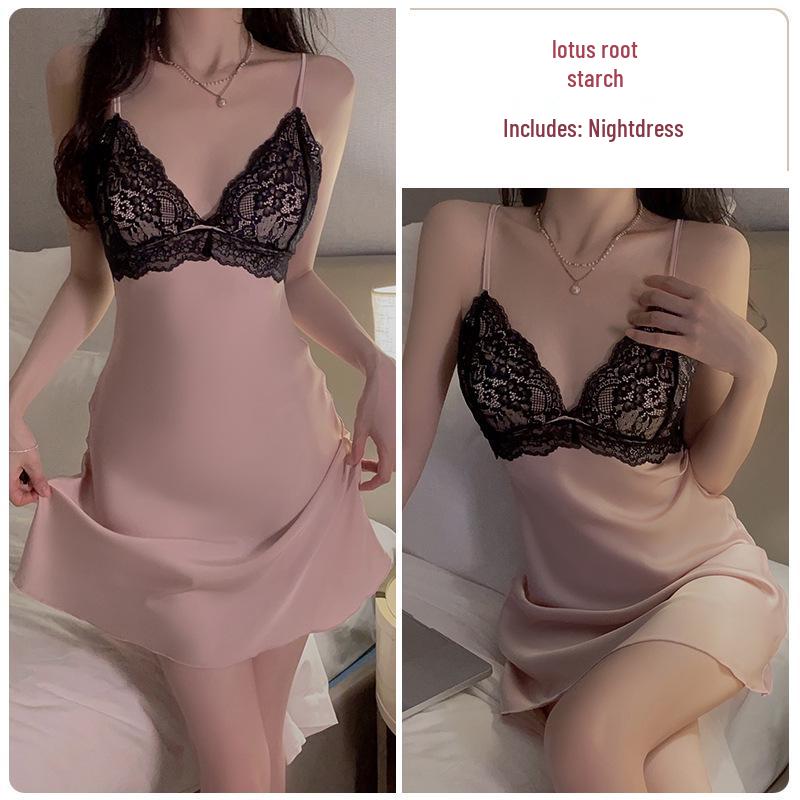 Elegant Lace Backless Plus Size Nightgown with Push-Up Bra and Camisole Set