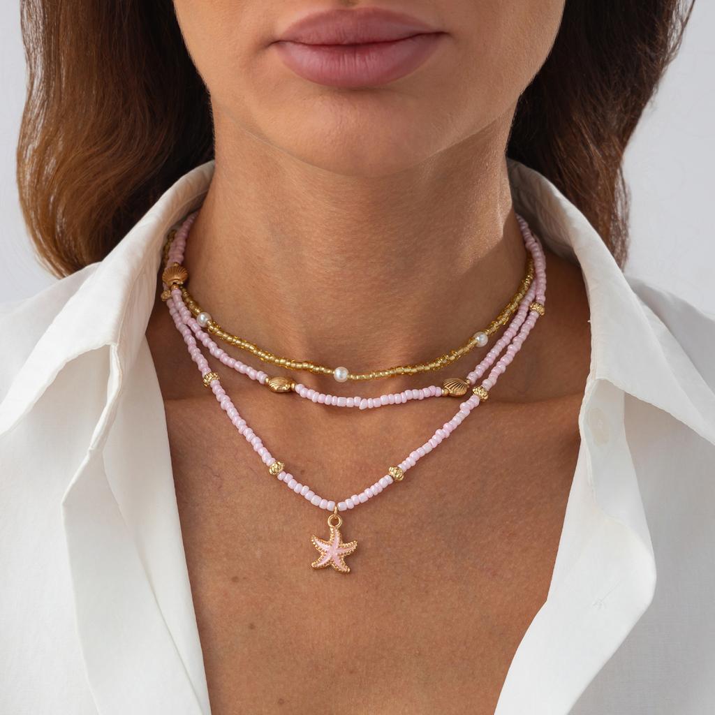 Ocean Wind Red Coral Conch Pendant Long Necklace, Creative Imitation Pearl Starfish Chain Necklace