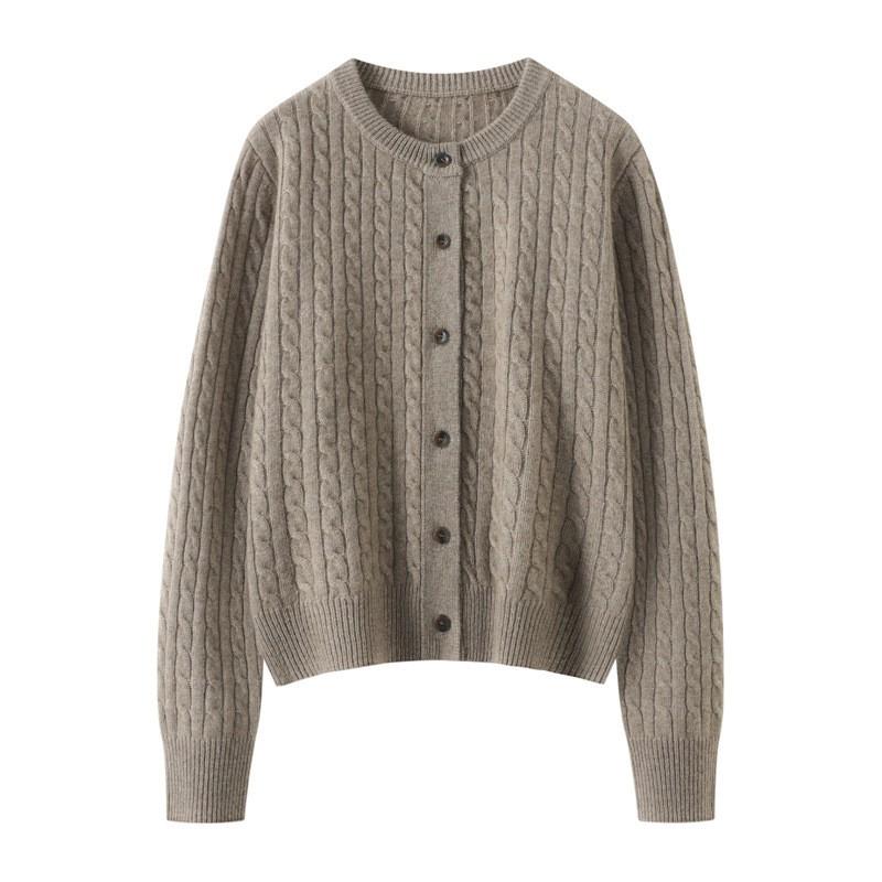 Womens Thick Cable Knit Cashmere Cardigan Round Neck Single Breasted Loose Fashion Sweater Winter