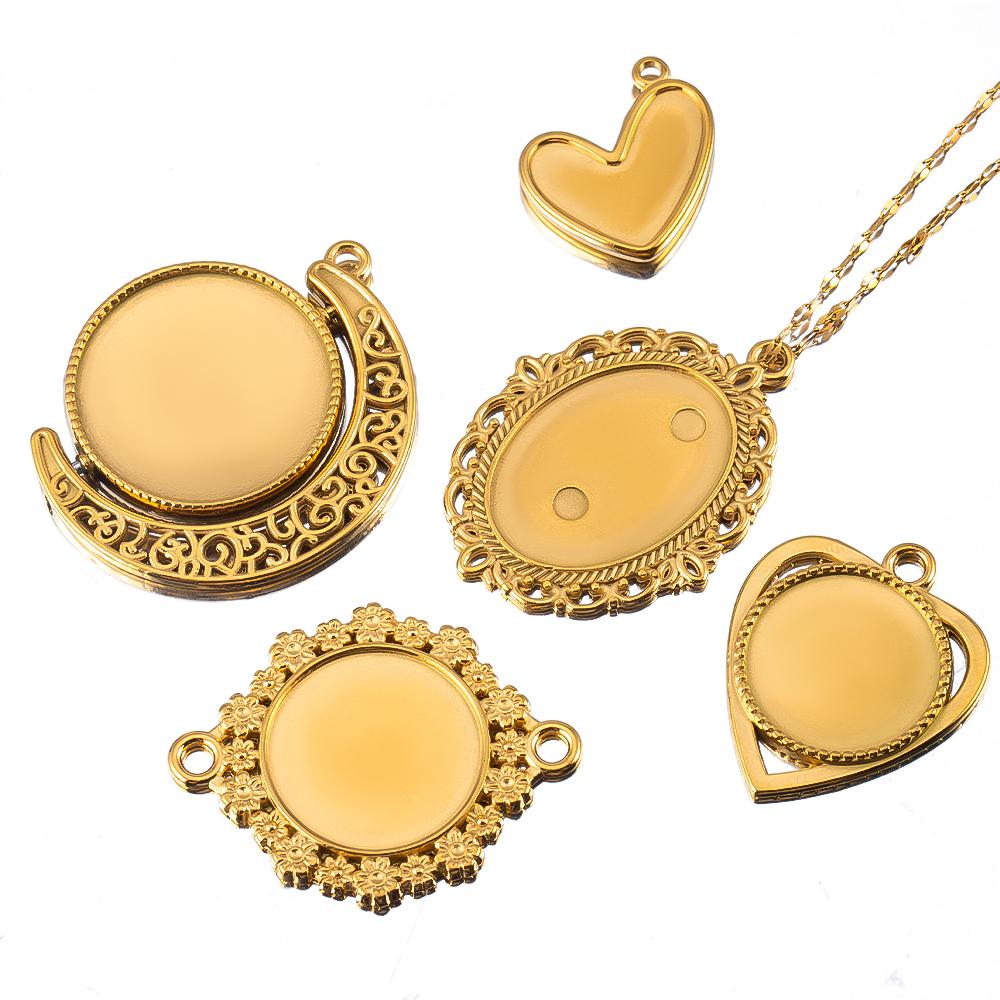 2pcs Stainless Steel Retro Heart Round Charms Blank Tray Base Gold Plated Cabochon Cameo Base Tray Bezel Pendant Jewelry Finding
