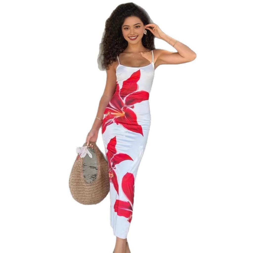 Spring Summer Fashion Women's White Background Red Flower Dress for European American Crossborder