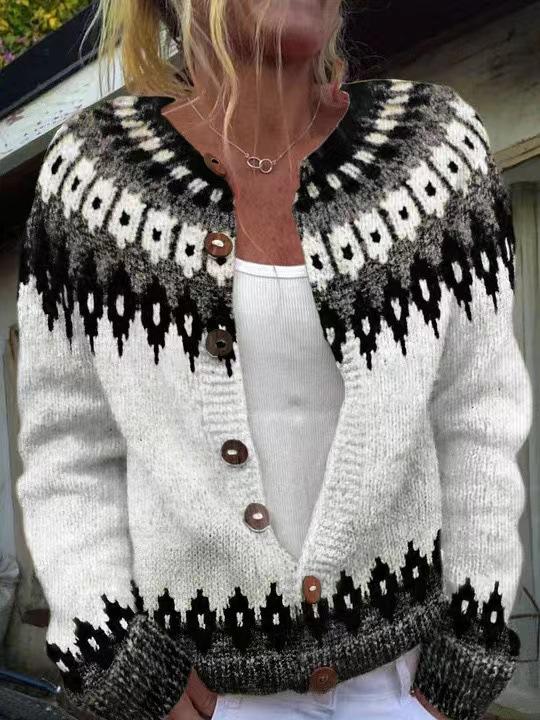 Women's Pink V-Neck Knit Cardigan with Jacquard Floral Pattern