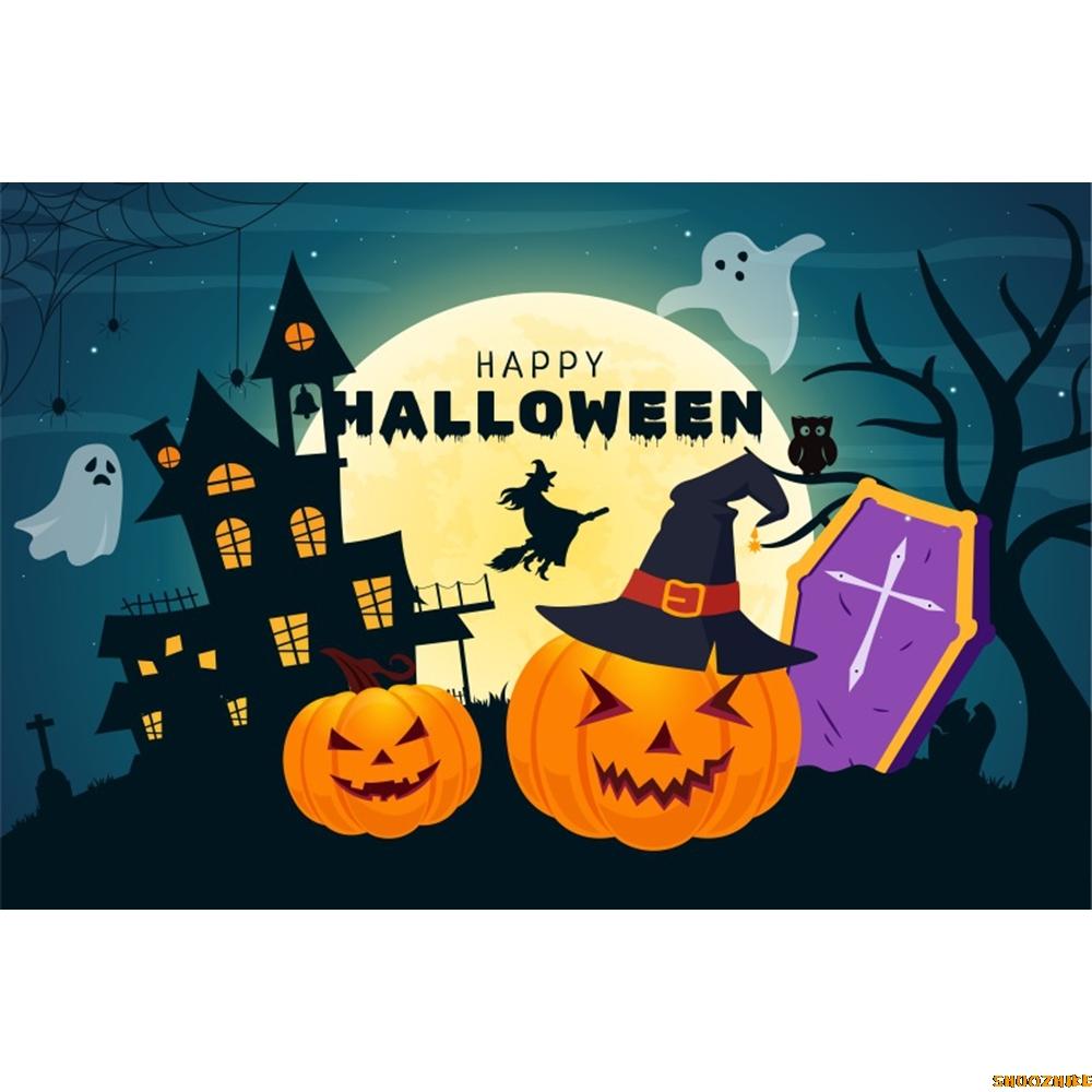 1pc Happy Halloween Party Backdrop Night Moon Gothic Castle Pumpkin Bats Reusable Banner for Halloween Themed Party Decoration