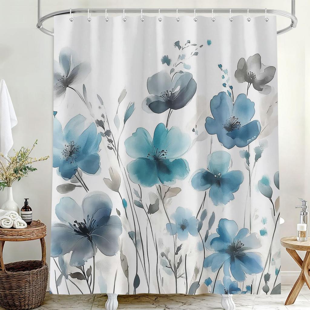 Blue Floral Shower Curtain, Boho Watercolor Botanical Flowers Design Shower Curtain For Bathroom, Natural Teal Gray Plant Decor
