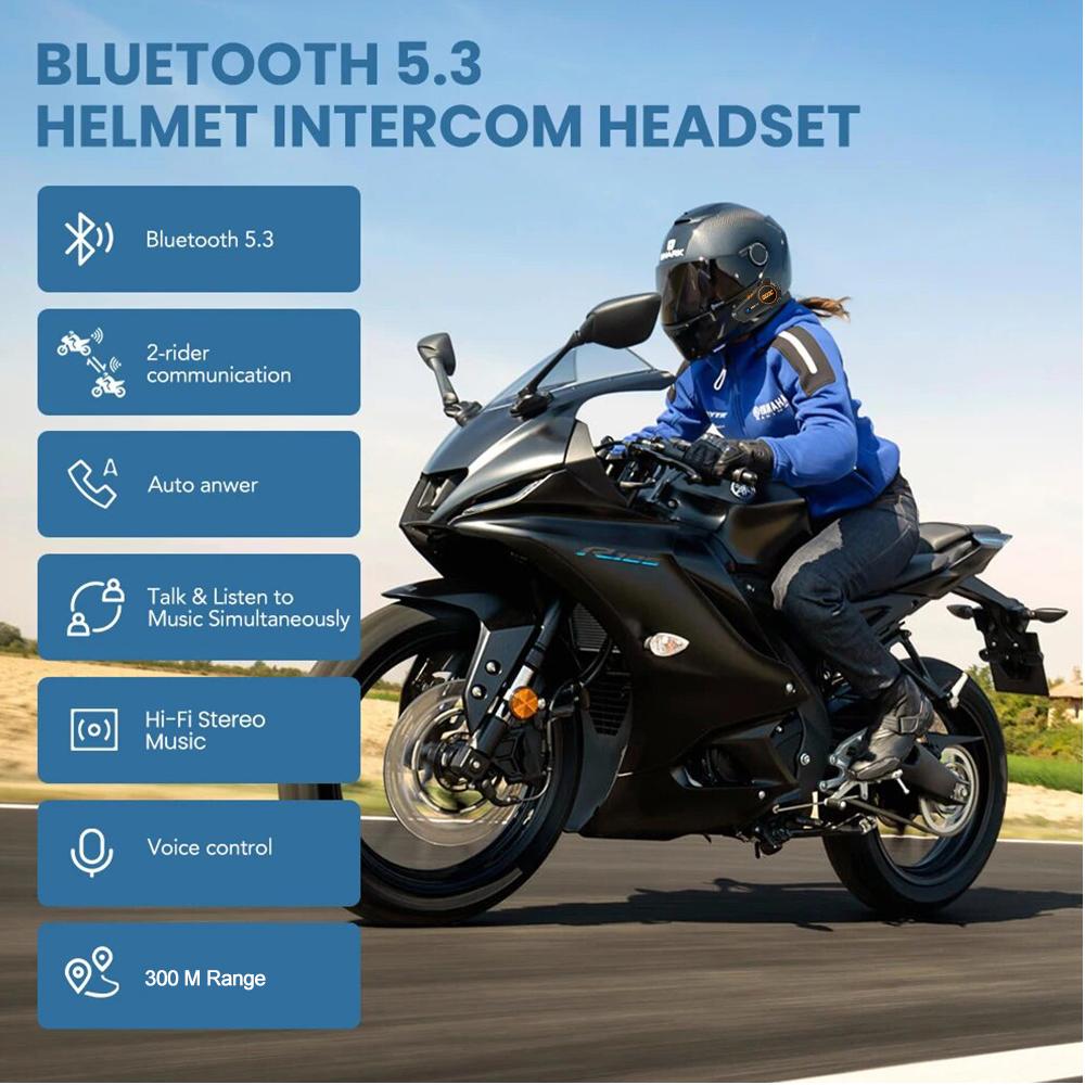Motorcycle Helmet Intercom Headset Stereo Bluetooth Hands Free Call IPX67 Waterproof Tri-Color Ambient Light 1000H Long Standby