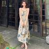 New Chinese Off-the-shoulder Suspender Dress, Ink Painting, Tie-dye, Niche Design, Lace-up Vacation Style Loose Waist Dress