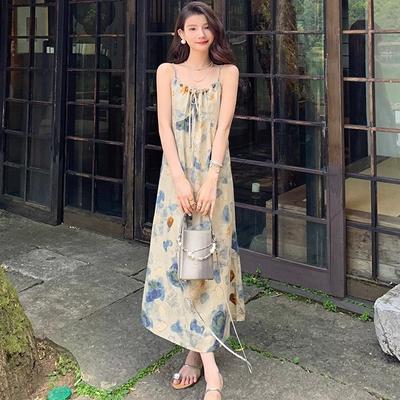 New Chinese Off-the-shoulder Suspender Dress, Ink Painting, Tie-dye, Niche Design, Lace-up Vacation Style Loose Waist Dress